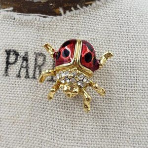 LADYBUG Pin Rhinestones Red Gold Tone Small